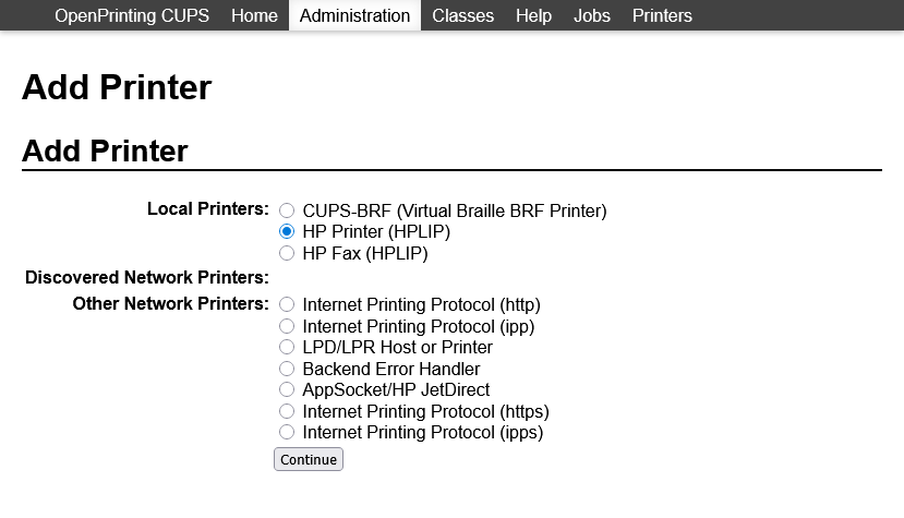CUPS add printer page