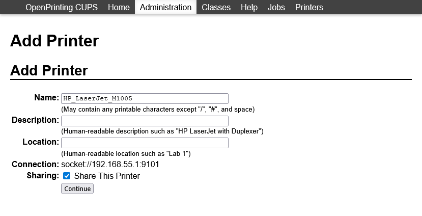 CUPS configure printer name page