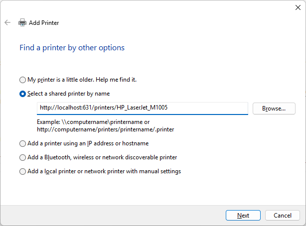 Add a printer dialog