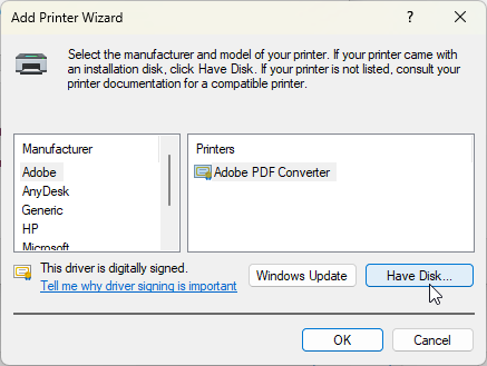 Select driver dialog