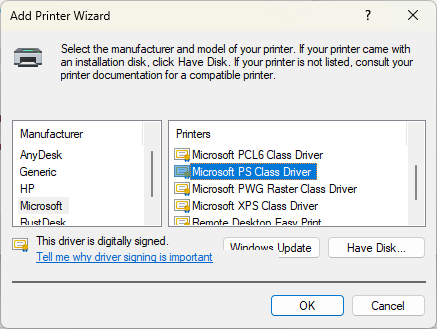 Select Microsoft Generic PostScript drivers